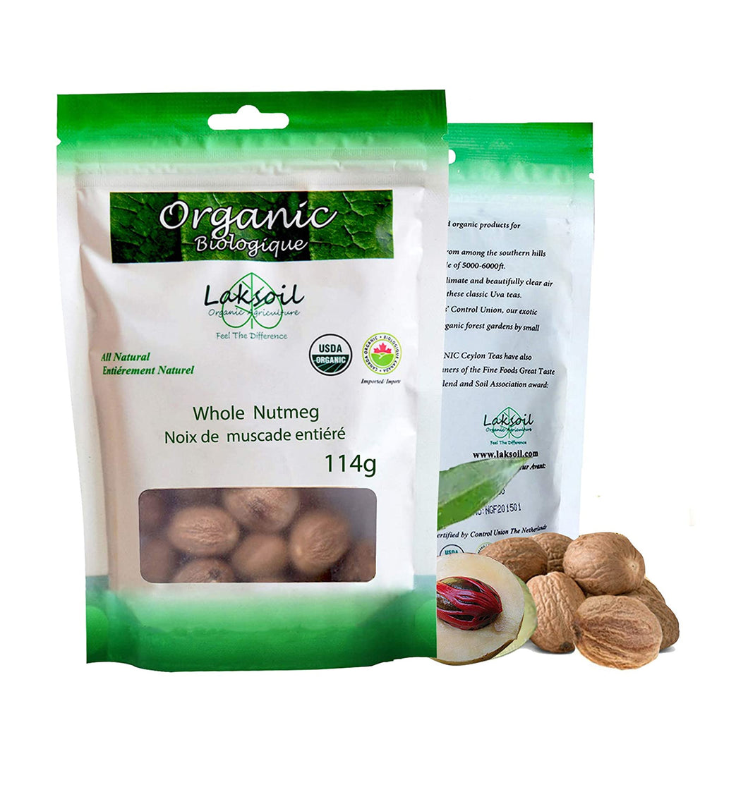 Certified ORGANIC Pure Ceylon Whole Nutmeg 1LB/454g (4 packs of 114g) - laksoiltraders