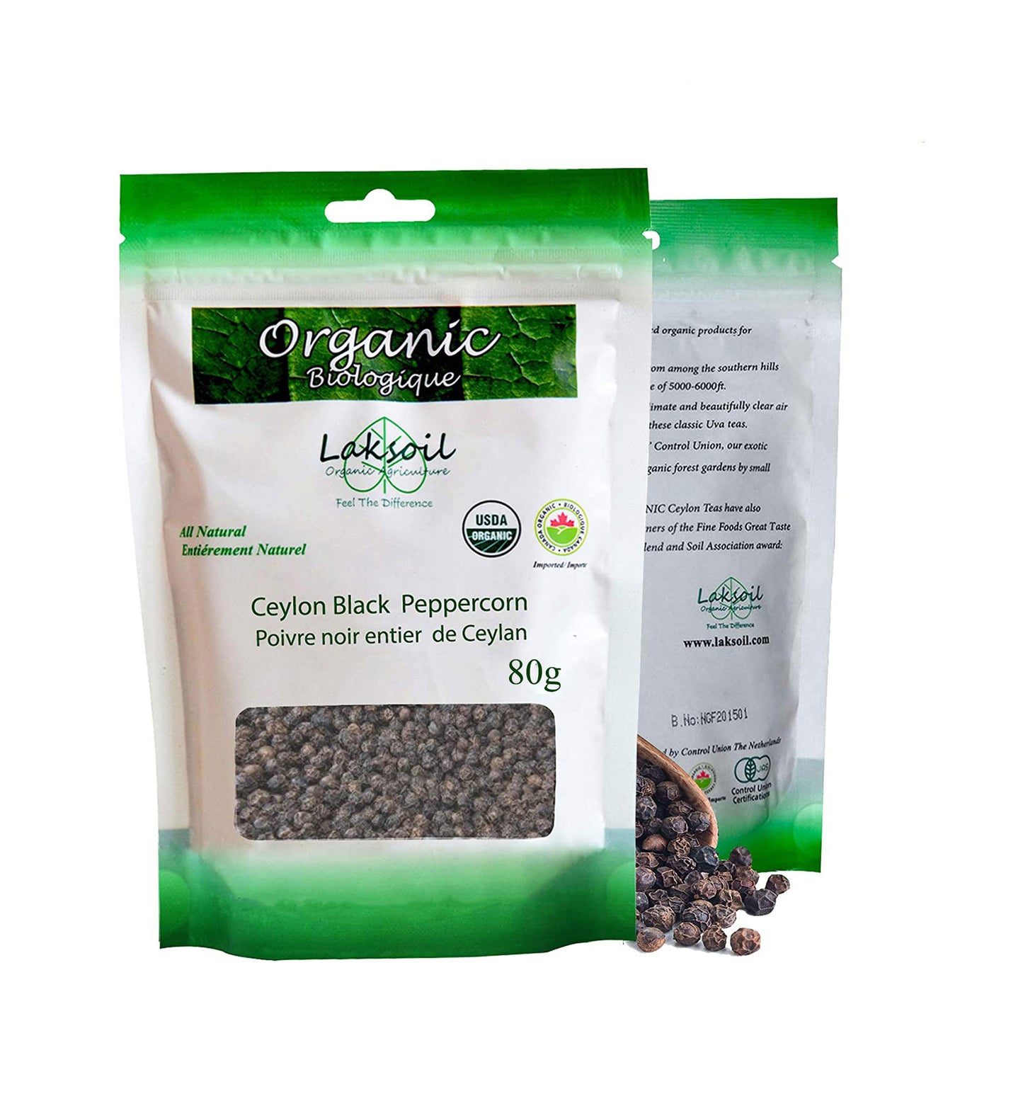 Certified ORGANIC Pure Ceylon Black Peppercorns 5.71oz/160g (2 packs of 80g) - laksoiltraders